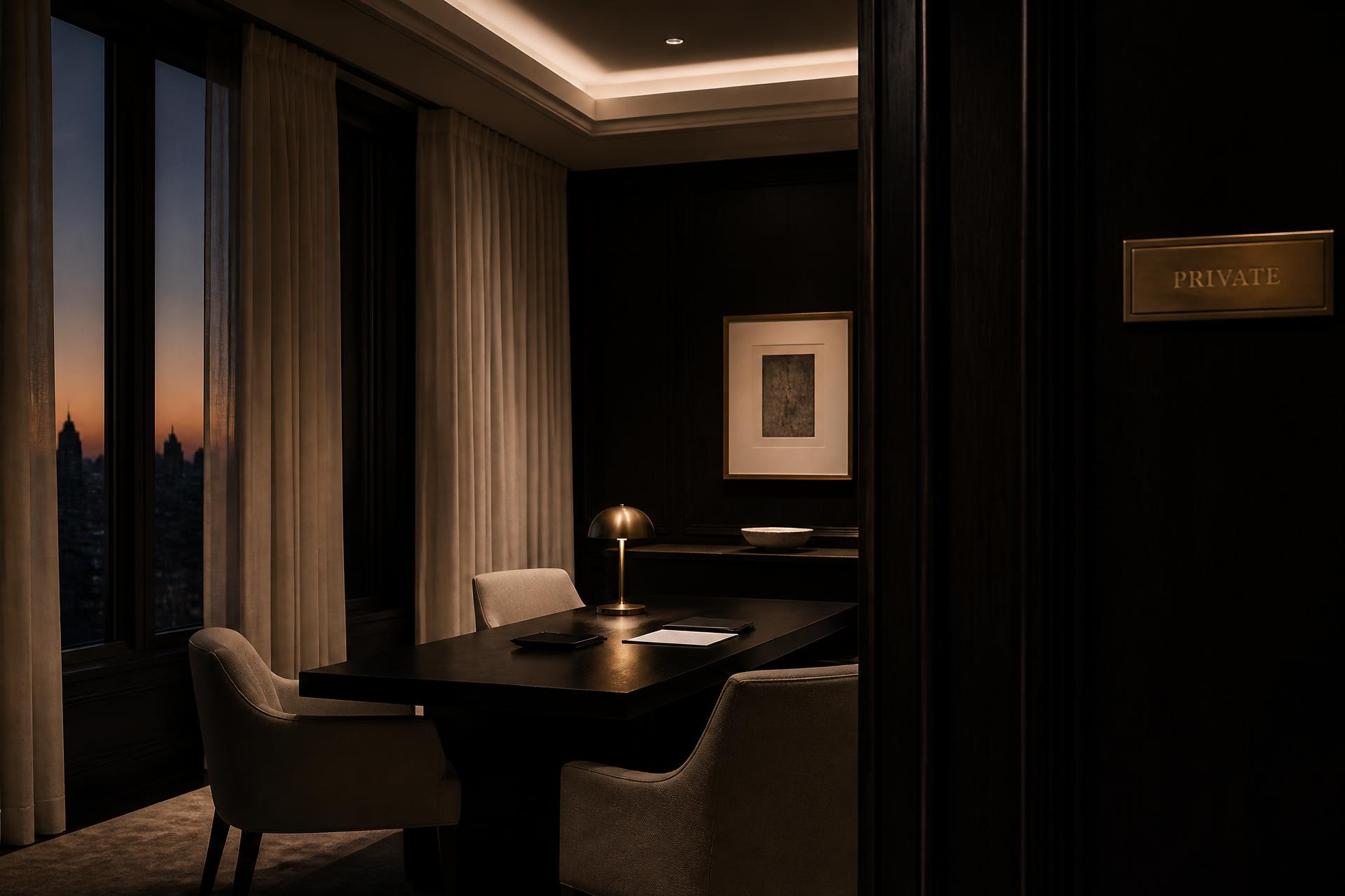 A still, private room at dusk — a lamp and a single document on a dark desk.